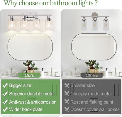 Indoi 4 Light Bathroom Light Fixtures, Chrome Vanity Lights with Clear Glass Shades, Modern Bathroom Light Fixtures Over Mirror, Modern Bathroom Wall Lamp for Mirror Living Room Cabinet