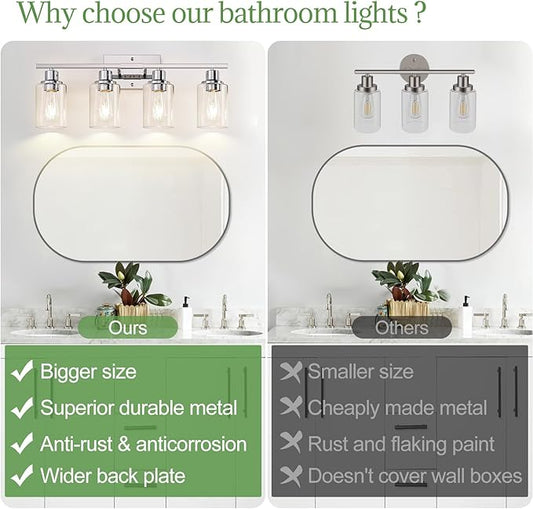 Indoi 4 Light Bathroom Light Fixtures, Chrome Vanity Lights with Clear Glass Shades, Modern Bathroom Light Fixtures Over Mirror, Modern Bathroom Wall Lamp for Mirror Living Room Cabinet