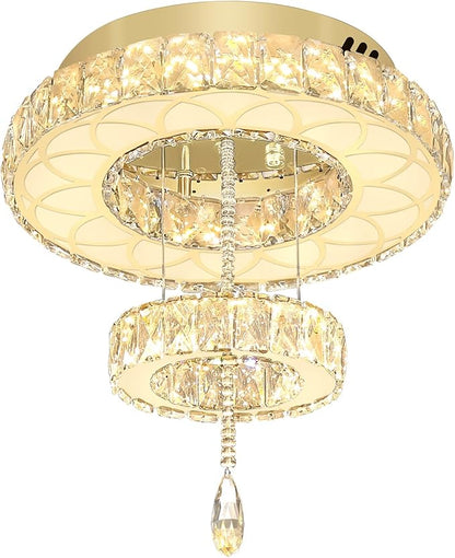 Flashing God Dia 16" Modern Crystal Chandeliers Flush Mount Chandelier Dimmable LED Light Crystal Ceiling Light for Hallway Bedroom Living Room Dining Room Gold