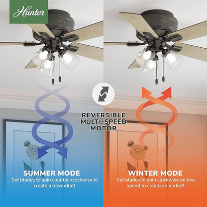 Hunter 42 inch Indoor Ceiling Fan with LED Lights and Pull Chain - Low Profile Flush Mount Ceiling Fan, 5 Blades, For Bedroom, Living Room, or Kitchen, Quiet - Crestfield 52153, Noble Bronze