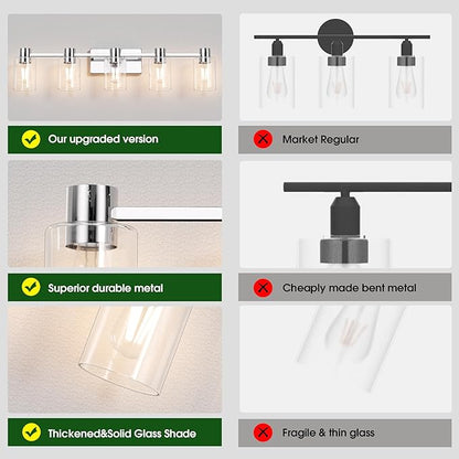 5-Light Modern Vanity Light Fixtures Over Mirror, Chrome Bathroom Light Fixtures, Vanity Lights, Wall Sconce with Clear Glass Shade for Bathroom, E26 Base