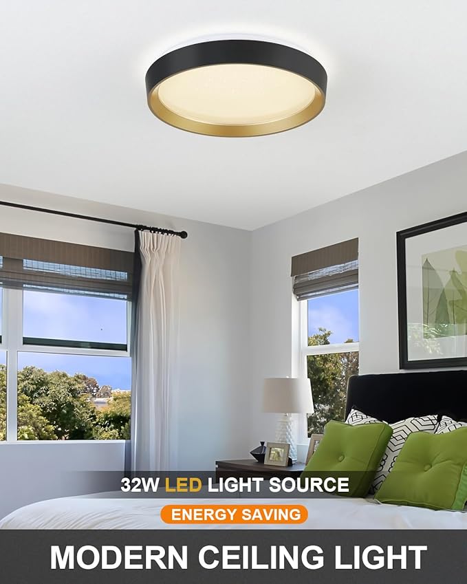 ANYLOVE 10 Inch Modern Flush Mount Ceiling Lights,White Gold Plastic Round Ceiling Light,Dimmable 3000K,3500K,4000K,5000K,6000K,for Living Room,Dining Room,Bedroom,Kitchen (Black and Gold, 15 Inch)