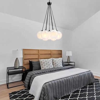 Modern Globe Black Chandelier Milky Glass Shade Sputnik Ceiling Light Fixture, Mid Century Bubble Dining Room Pendant Light, Hanging Island Light for Kitchen Bedroom Entryway Over Table