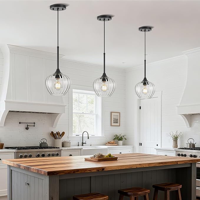 2Pack Glass Pendant Light Kitchen Island, 7inch Modern Black Pendant Lights Fixture Small Farmhouse Pendant Hanging Lighting for Dining Room Sink Bathroom Bar Restaurant