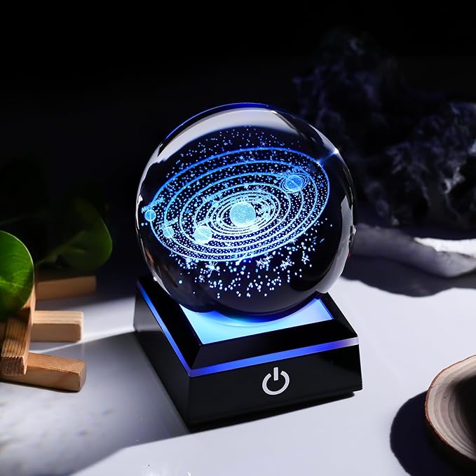 Arikyrist 3D Solar System Crystal Ball 80mm with Light Base, Laser Engraved Space Universe Astronomy Gifts for Women Men Teens Boys and Girls, Glass Planet Solar System Model Sphere Night Light Decor