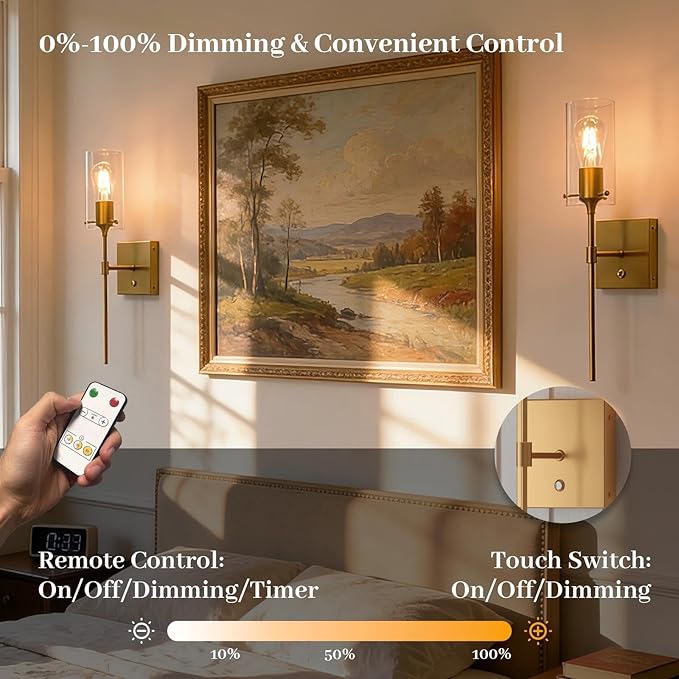 Battery Operated Wall Sconce with Remote Control, Dimmable Wall Mounted Light Set of Two Rechargeable, Gold Cordless Wall Lamp for Bedroom Bathroom Kitchen Vanity Mirror, Bulb Included