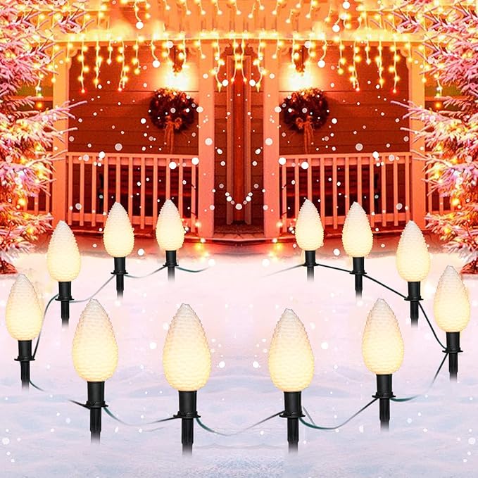 Abeja C9 Christmas Pathway String Lights, 14Ft LED Pinecone Pathway Stakes with 8 Pine Cone Lights, Christmas Lights Outdoor Yard Decorations for Walkway & Driveway Use-2 Sets