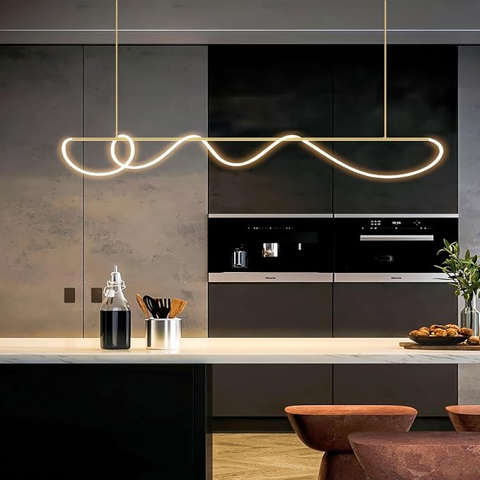 SMG Modern LED Linear Pendant Light for Dining Room, Dimmable Gold Kitchen Chandelier, 47" Linear DIY Chandelier with Remote Control Stepless Dimming, Restaurant Office Long Hose Lamp
