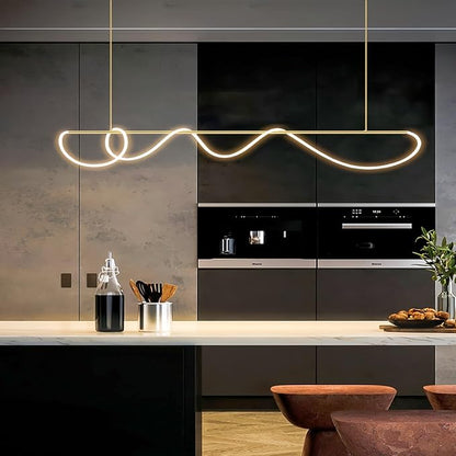 SMG Modern LED Linear Pendant Light for Dining Room, Dimmable Gold Kitchen Chandelier, 47" Linear DIY Chandelier with Remote Control Stepless Dimming, Restaurant Office Long Hose Lamp
