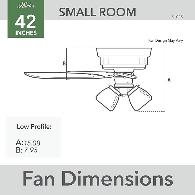 Hunter 42 inch Indoor Ceiling Fan with LED Lights and Pull Chain - Low Profile Flush Mount Ceiling Fan, 5 Blades, For Bedroom, Living Room, or Kitchen, Quiet - Crestfield 51025, Matte Silver