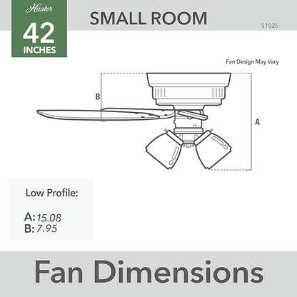 Hunter 42 inch Indoor Ceiling Fan with LED Lights and Pull Chain - Low Profile Flush Mount Ceiling Fan, 5 Blades, For Bedroom, Living Room, or Kitchen, Quiet - Crestfield 51025, Matte Silver