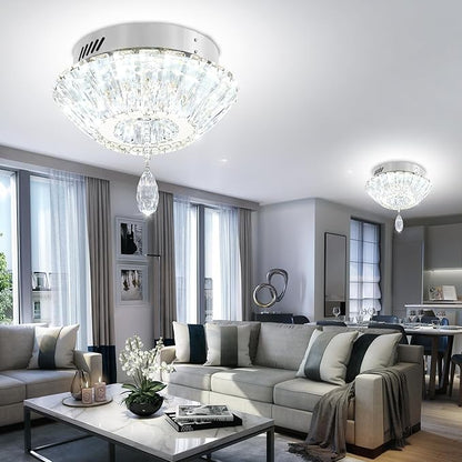 Silver 12'' LED Mini Crystal Chandelier Dimmable Flush Mount Ceiling Light for Hallway Modern Living Room Bedroom Dining Room Foyer