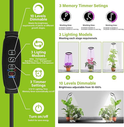 Grow Lights for Indoor Plants, Full Spectrum Plant Lights for Indoor Growing with 3/9/12H Auto Timer, 3 Spectrum Modes, 10-Level Dimmable, 68" Height Adjustable for Growing Large Tall Plants