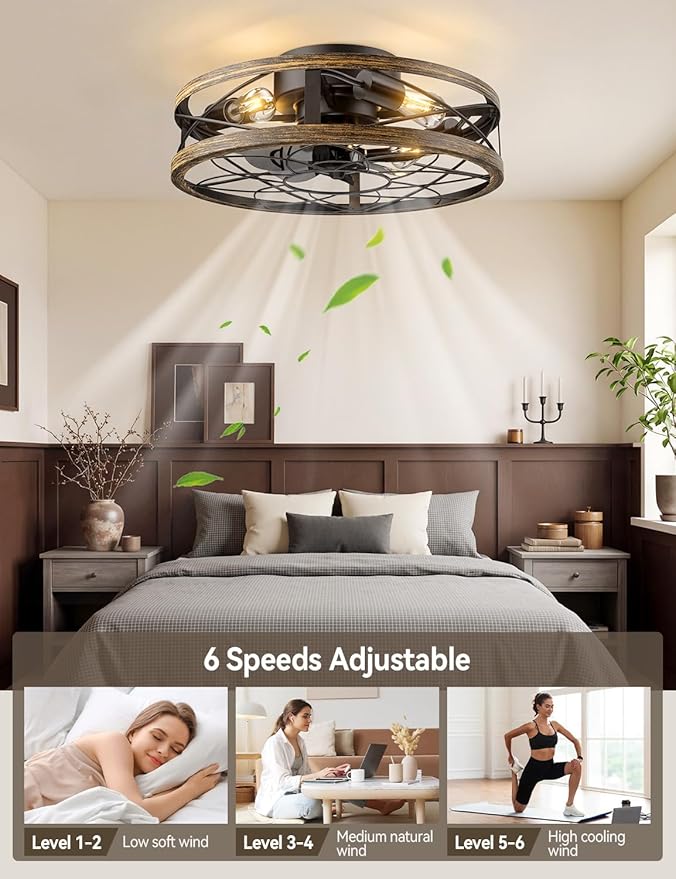 20" Caged Ceiling Fans with Lights and Remote, Flush Mount Low Profile Rustic Small Fandelier, Enclosed Indoor Ceiling Fan for Bedroom Kitchen Farmhouse, 6 Speed, Quiet DC Motor, Timer, Black Gold