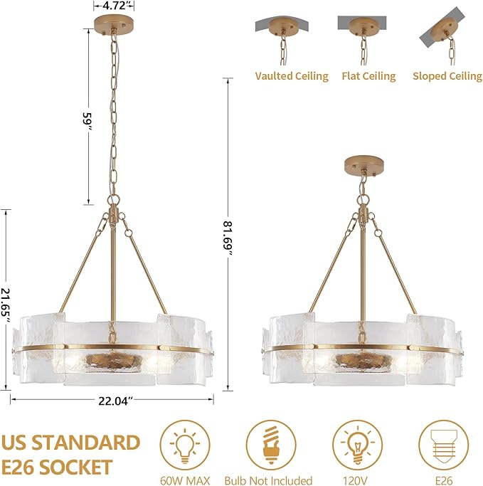 Modern Dining Room Chandelier, 22 inch Gold Textured Glass Drum Chandelier Luxury Crystal Hanging Lighting for Living Room Foyer Kitchen Island Bedroom
