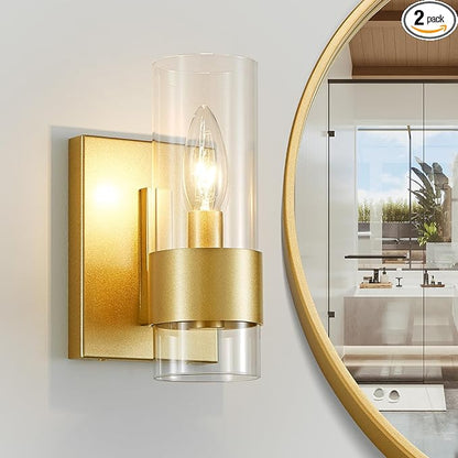 WUZUPS Set of 2 1-Light Bathroom Wall Light Fixture Over Mirror Flat Class Shade Morden Vanity Scones for Bathroom Bedroom Living Room, E12 Base, Gold
