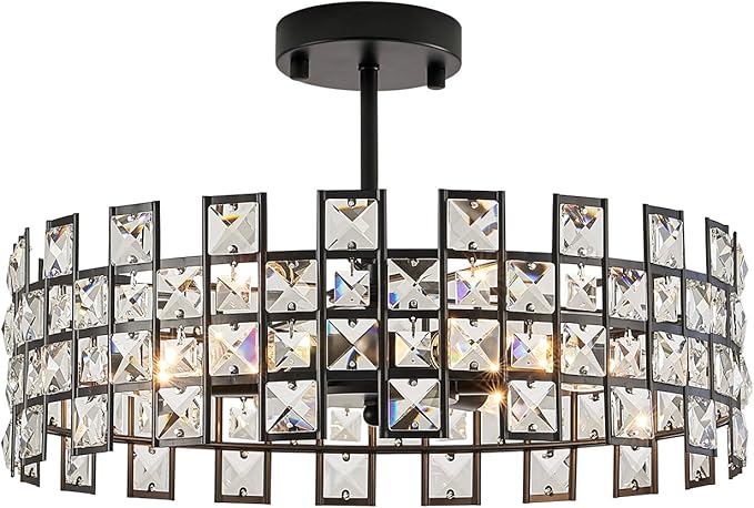 CATINER Black Crystal Semi Flush Mount Ceiling Light, 18'' Modern 6-Light Chandelier with G9 Base, Adjustable Crystal Ceiling Light Fixture for Dining Room, Bedroom, Entryway, Kitchen Island