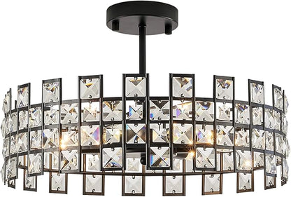 CATINER Black Crystal Semi Flush Mount Ceiling Light, 18'' Modern 6-Light Chandelier with G9 Base, Adjustable Crystal Ceiling Light Fixture for Dining Room, Bedroom, Entryway, Kitchen Island