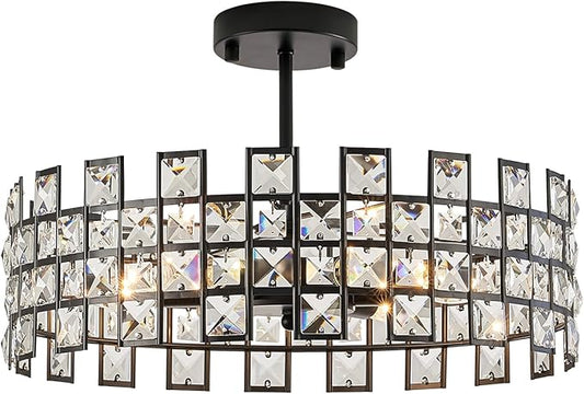 CATINER Black Crystal Semi Flush Mount Ceiling Light, 18'' Modern 6-Light Chandelier with G9 Base, Adjustable Crystal Ceiling Light Fixture for Dining Room, Bedroom, Entryway, Kitchen Island