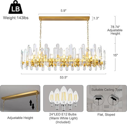 54" Rectangular Chandelier, 24-Light Gold Modern Crystal Chandelier for Dining Room, Kitchen Island, Living Room, Luxury K9 Crystal Adjustable Chain Chandelier Light Fixture