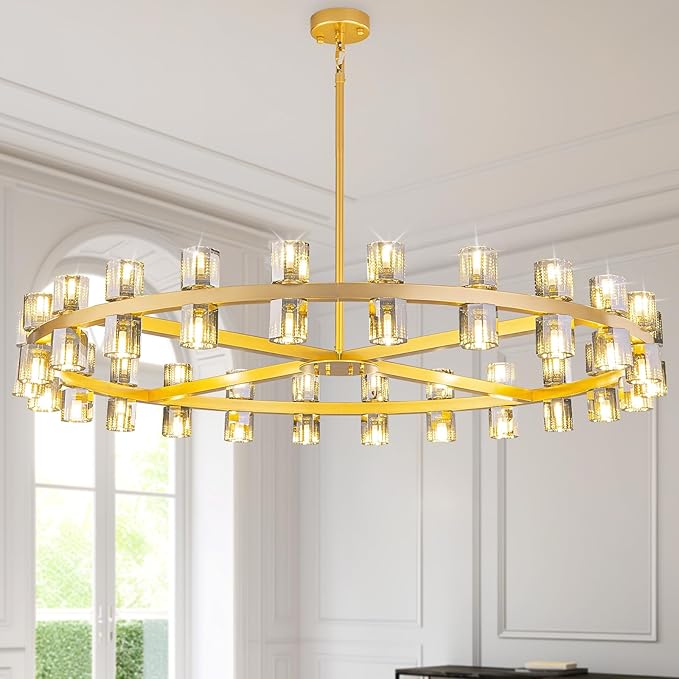 48-Light Large Gold Chandeliers for High Ceilings, 48 Inch Modern Crystal Wagon Wheel Chandelier, Farmhouse Industrial Round Chandelier Pendant Lighting Fixture for Dining Living Room Kitchen Foyer