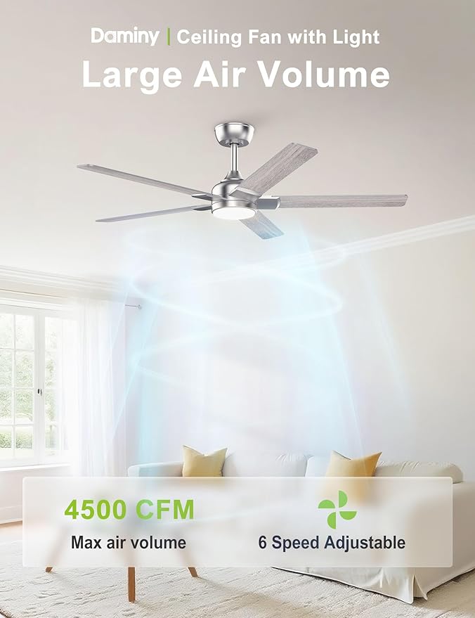 DAMINY 52 inch Nickel Ceiling Fans with Lights,5 Blades,6CCT, Low Profile,Remote Control,for Bedroom, Kitchen,Living Room,Indoor/Outdoor Use,Downrod