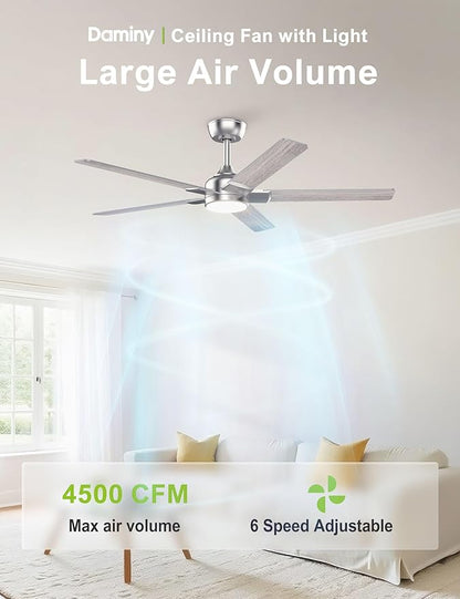 DAMINY 52 inch Nickel Ceiling Fans with Lights,5 Blades,6CCT, Low Profile,Remote Control,for Bedroom, Kitchen,Living Room,Indoor/Outdoor Use,Downrod