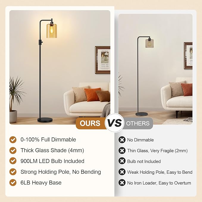 【Upgraded】Dimmable Floor Lamps for Living Room with Amber Glass Shade, Modern Industrial Floor Lamp with 900LM Bulb Included, Glass Standing Tall Lamp for Bedroom, Office, Reading Room, Corner, Black