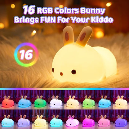 One Fire Night Light for Kids Bunny Toys, 16 Colors Squishy Bunny Lamp, Soft Silicone Bunnies Stuff,1200mah Dimmable Bunnies Cute Lamp Baby Night Light,Kawaii Room Decor Birthday Gifts for Kids Girls