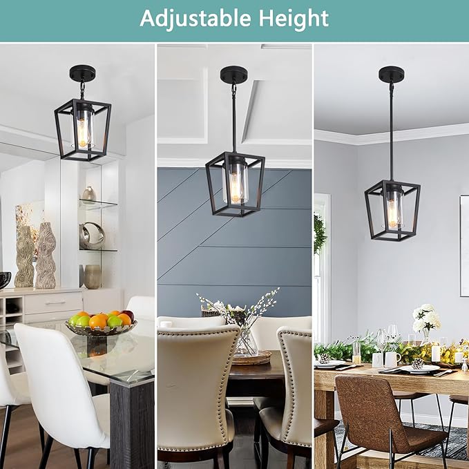 SGLfarmty 1-Light Black Pendant Lights Kitchen Island, Modern Farmhouse Cage Metal Adjustable Lantern Hanging Light Fixture with Glass Shade for Dining Room Entryway Hallway