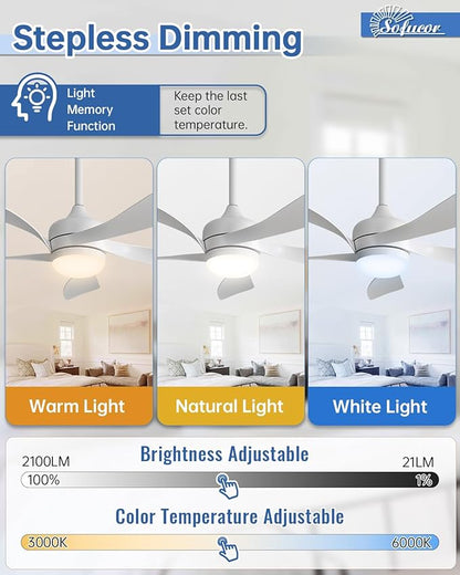 Sofucor 42" Smart Ceiling Fan, Indoor/Outdoor White Ceiling Fans with Lights and Remote, Works with Alexa/Google/App, 3-Color Light 6-Speed Timing Reversible DC Motor for Bedroom Living Room Patio