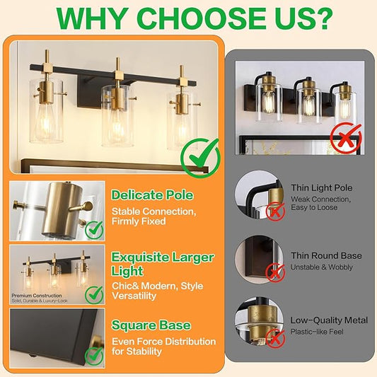 SOLFART Vintage Vanity Lights Bathroom Light Fixture Over Mirror for Bath Glass Shade Light Black and Brass Modern Style 3 Lights