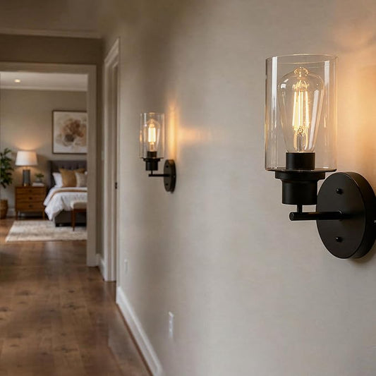 1-Light Black Bathroom Wall Sconce with Clear Glass Shade, Modern Vanity Light Fixture Over Mirror for Bathroom, Bedroom, Hallway, Living Room