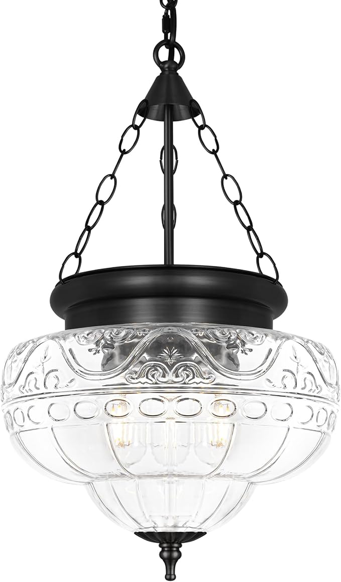 3-Light Matte Black Pendant Lights with 12In Floral Glass, Penant Lighting Fixture with Adjustable Chain, Vintage Pendant Lights Kitchen Island, Hanging Light Fixtures for Dining Room Entryway, E26*3