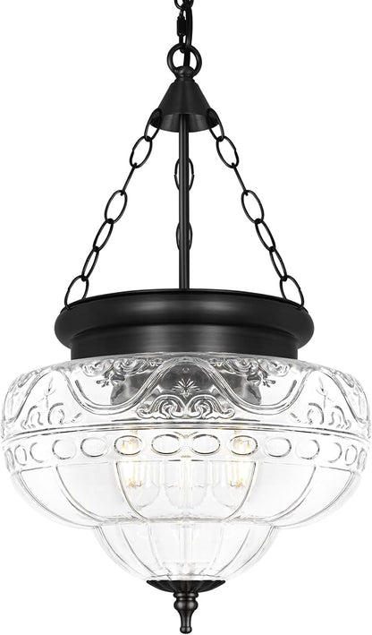 3-Light Matte Black Pendant Lights with 12In Floral Glass, Penant Lighting Fixture with Adjustable Chain, Vintage Pendant Lights Kitchen Island, Hanging Light Fixtures for Dining Room Entryway, E26*3