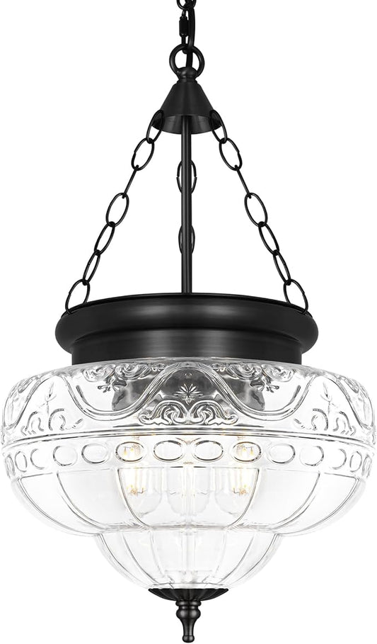 3-Light Matte Black Pendant Lights with 12In Floral Glass, Penant Lighting Fixture with Adjustable Chain, Vintage Pendant Lights Kitchen Island, Hanging Light Fixtures for Dining Room Entryway, E26*3