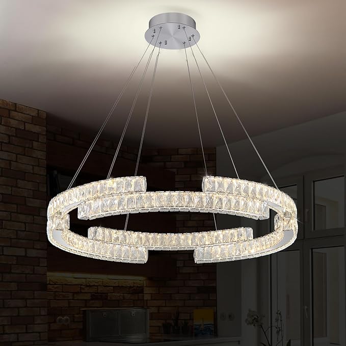 Modern Crystal Chandelier Dimmable LED Ring Pendant Light Adjustable Led Ring Chandelier 1 Ring for Dining Room Living Room 40inch Silver