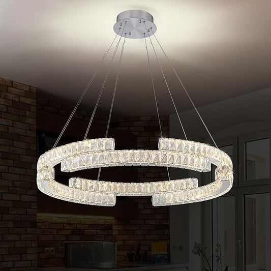 Modern Crystal Chandelier Dimmable LED Ring Pendant Light Adjustable Led Ring Chandelier 1 Ring for Dining Room Living Room 40inch Silver