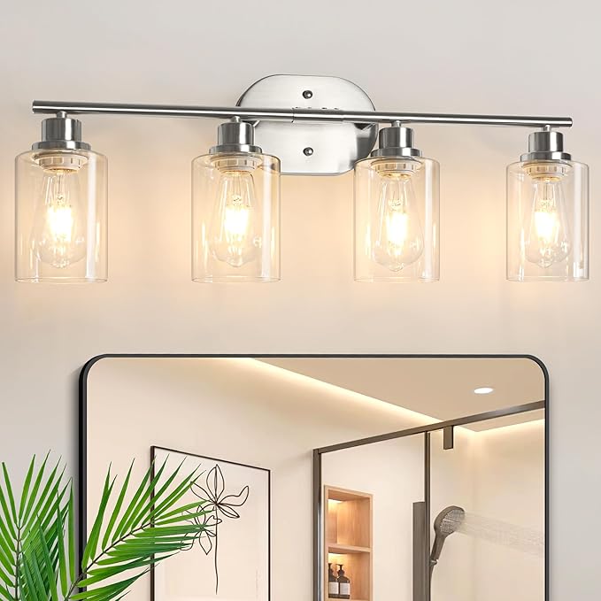 Unicozin Bathroom Light Fixtures, 4 Light Vanity Lights for Bathroom, Brushed Nickel Wall Lamp with Clear Glass for Mirror, Living Room, Hallway, Cabinet, E26 Base
