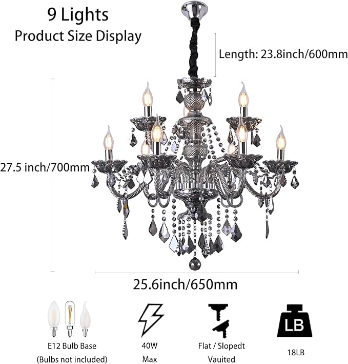 Luxury Crystal Chandelier Smoke Gray,Double Layer K9 Crystal Chandelier Light Fixtures 9-Light Candle Style Crystal Ceiling Light Lamp for Dining Living Room Bedroom
