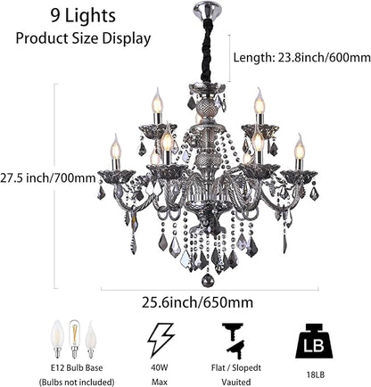 Luxury Crystal Chandelier Smoke Gray,Double Layer K9 Crystal Chandelier Light Fixtures 9-Light Candle Style Crystal Ceiling Light Lamp for Dining Living Room Bedroom