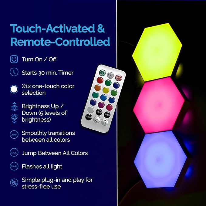 Emberela HEXlights 3-Pack Hexagon Lights, Touch and Remote Controlled RGB Wall Panels - LED Light Panels for Living Room, Bedroom, Game Room Decor - Table Stand Included
