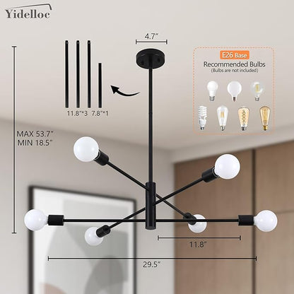 6 Lights Black Sputnik Chandeliers Modern Light Fixtures, Mid Century Chandelier Adjustable Length Pendant Light for Dining Room, Bedroom, Living Room, Kitchen, Farmhouse