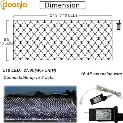 Christmas Net Lights, 510 LED Large Outdoor Net Mesh Lights for Bushes 28x5ft, 8 Modes Waterproof Twinkle String Lights Connectable for Christmas Hedge Yard Garden Party Decor, Cool White