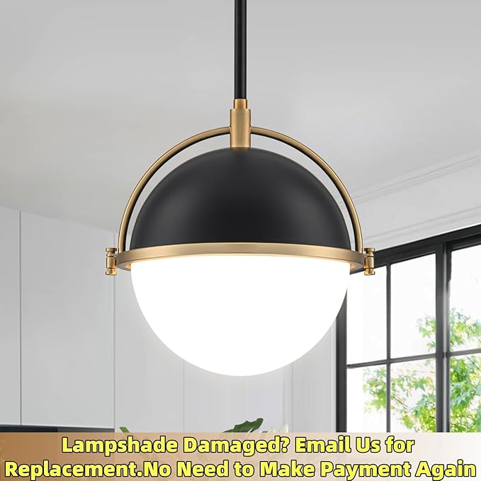 9.5 Inch Black and Gold Globe Pendant Lights Kitchen Island, Mid Century Modern Pendant Light Fixtures with Milk Glass Lampshade, Adjustable Pendant Lights for Dining Room Cafes Restaurants