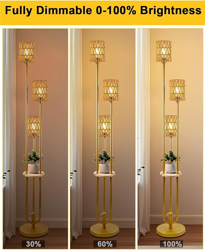 63IN Dimmable Floor Lamp with Shelf, Gold Rattan Tall Standing Lamps Candle Holder Style, 3000K Warmwhite Mid Century Modern Floor Lamp with 5Lbs Heavy Base for Living Room (Bulbs Included)