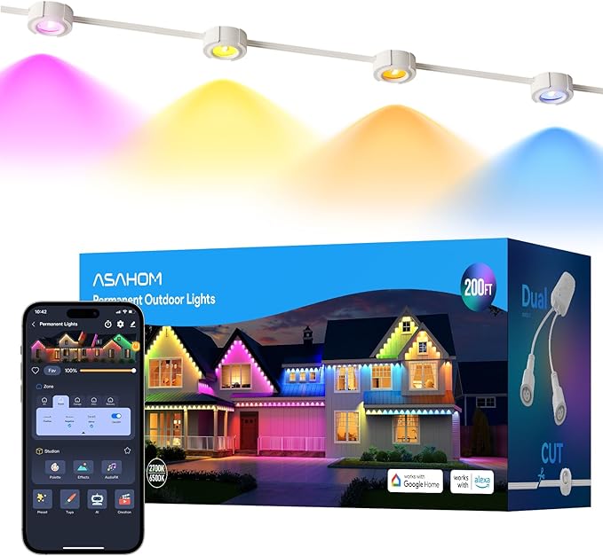 ASAHOM AI Permanent Outdoor Lights S107D, 200FT with 144 RGBCW LED Lights, 30,000 Lighting Effect, Controller with Dual Output, Extend to 800FT, Cuttable for House Outdoor Decor Daily Lighting, White