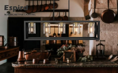 Black Gold Dining Room Light Fixture - 5 Light Chandeliers for Dining Room with Clear Glass Shade & Adjustable Height & Thickened Metal Rectangle Dining Table Light Fixture