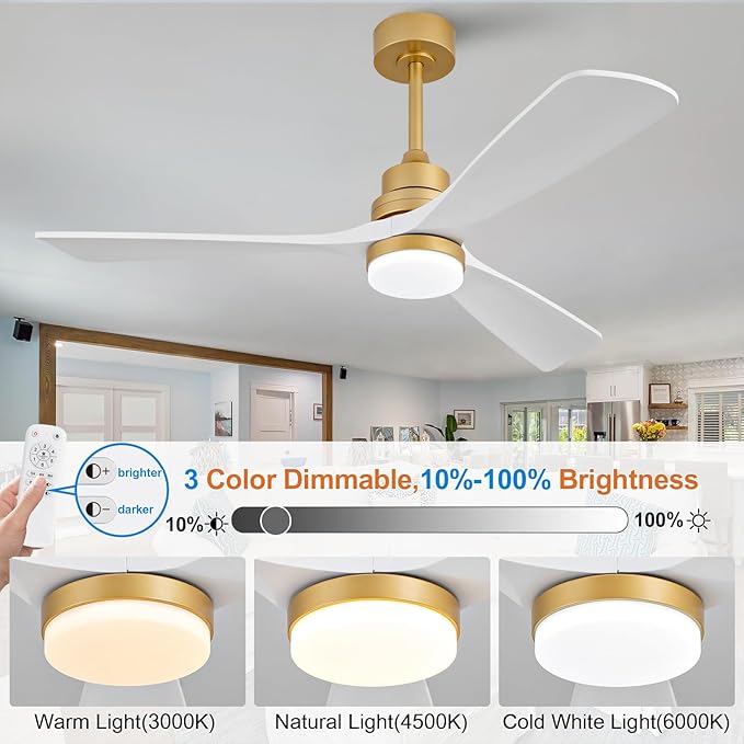52 Inch Wood Ceiling Fans with Lights and Remote, White Gold Outdoor Ceiling Fan with Light, Dimmable 3 Blades Outdoor Fans for Patios Noiseless Modern Ceiling Fans for Bedroom Living Room
