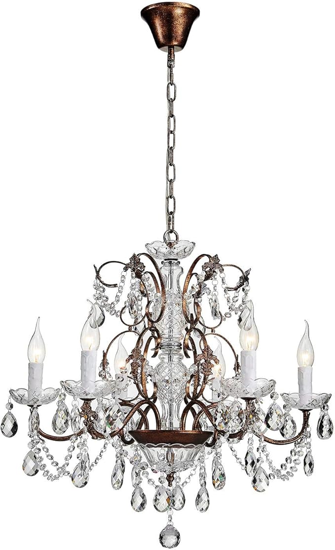 Saint Mossi 6-Light Crystal Chandelier - Farmhouse Rustic Pendant Light Fixture for Bedroom, Dining Room, Living Room - H23 x W24, Chain Adjustable